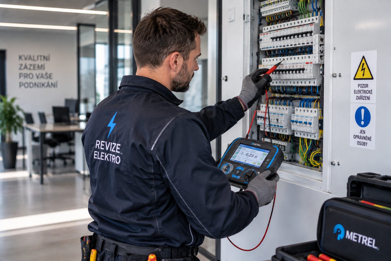Revize elektroinstalace – technik měří v rozvaděči
