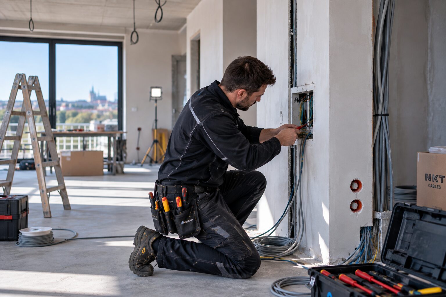 Elektroinstalace – elektrikář zapojuje nové rozvody v bytě