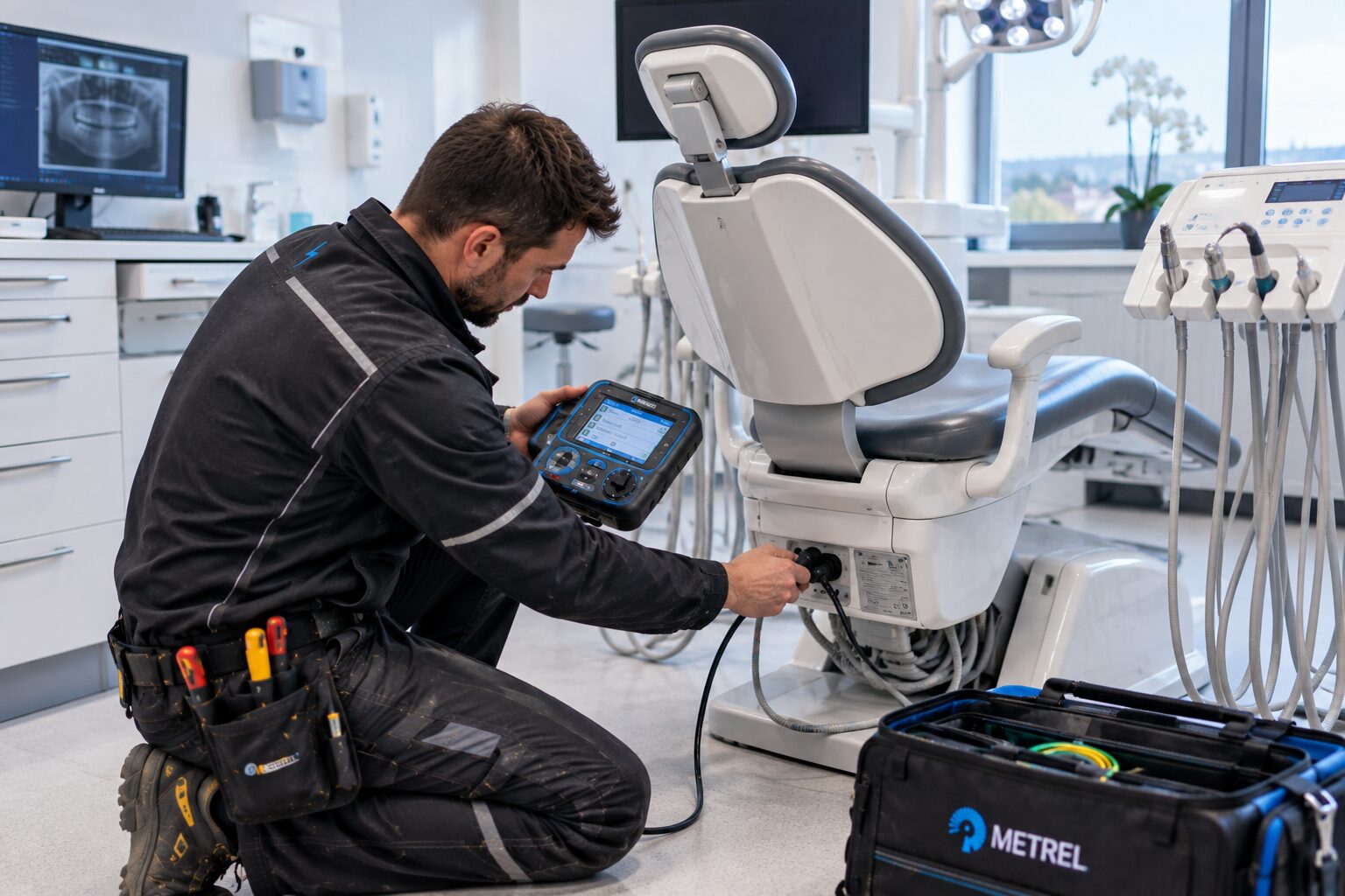 Revize zdravotnické techniky – technik kontroluje zubařské křeslo